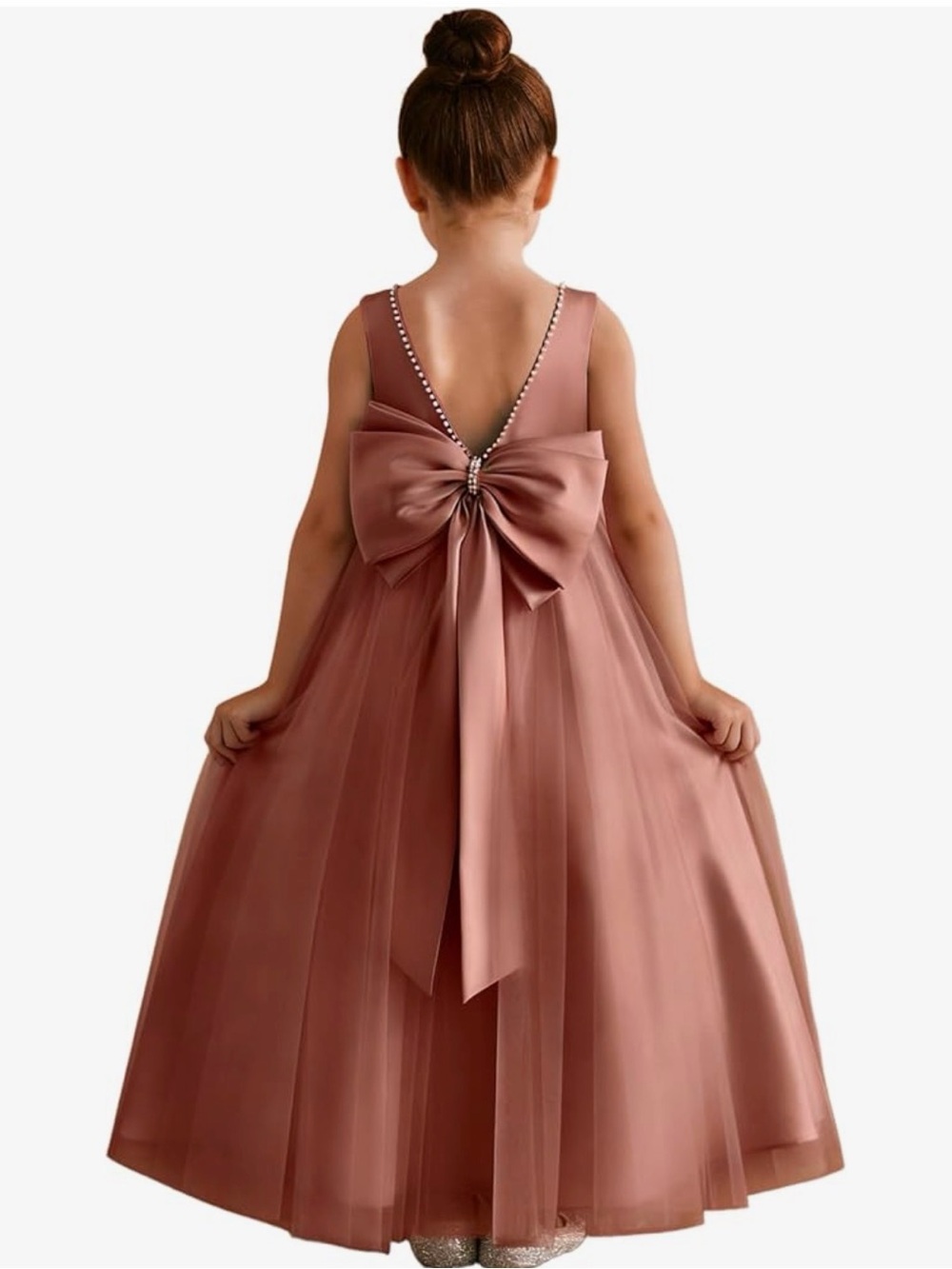 Like New Satin Beaded V-Back Bow Long Flower Girl Tulle Junior Bridesmaid Dress